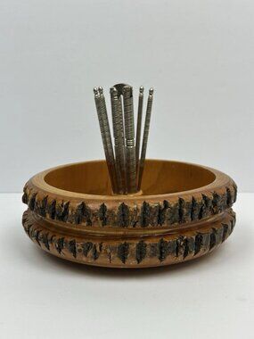 🌰✨ Vintage MCM Wooden Nutcracker Bowl Set 8 Pc Live Edge Wood Nut Picks Rustic
